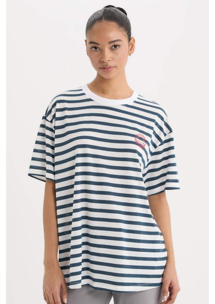 fit Oversize Geniş Kalıp Bisiklet Yaka Slogan Baskılı Sporcu Kısa Kollu TIŞÖRT E2782AX25SM indirimleri
