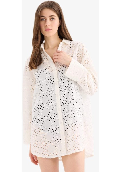 Regular Fit Pamuklu Brode Plaj Gömleği-Fall in Love C0506AX25SM fiyatları
