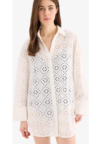 Regular Fit Pamuklu Brode Plaj Gömleği-Fall in Love C0506AX25SM fırsatları
