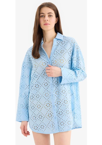 Regular Fit Pamuklu Brode Plaj Gömleği-Fall in Love C0506AX25SM fiyatları