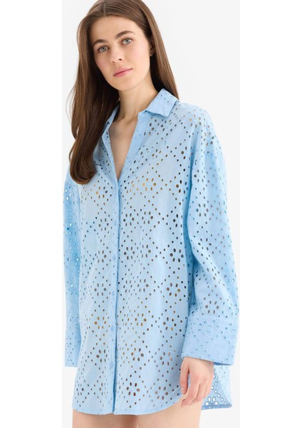 Regular Fit Pamuklu Brode Plaj Gömleği-Fall in Love C0506AX25SM fırsatları