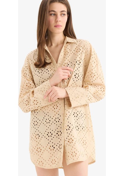 Regular Fit Pamuklu Brode Plaj Gömleği-Fall in Love C0506AX25SM fırsatları