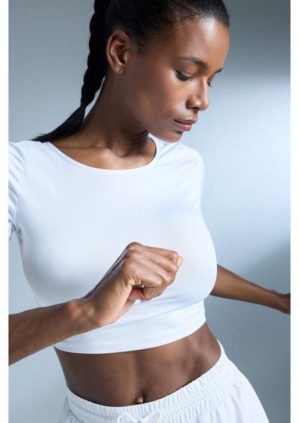 fit Crop Top Bisiklet Yaka Sporcu Kısa Kollu TIŞÖRT E2663AX25SM