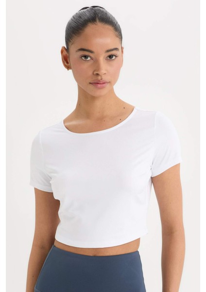 fit Crop Top Bisiklet Yaka Sporcu Kısa Kollu TIŞÖRT E2663AX25SM
