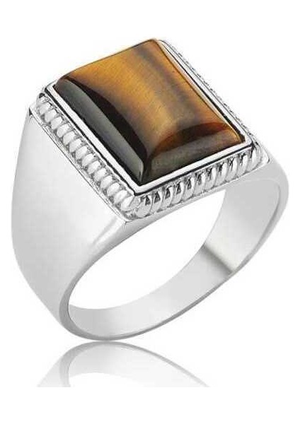 Gümüş Kaplan Gözü Taşlı Erkek Yüzük - 24