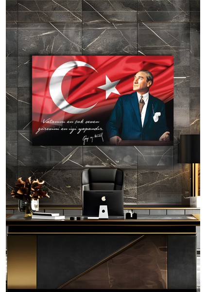 Elite Atatürk Portre ve Türk Bayrağı Vatanını En Çok Seven Görevini En Iyi Yapandır Cam Tablo, Hediyelik 1 Adet