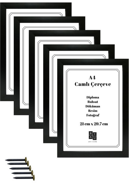 Elite 5 Adet A4 Çerçeve Gerçek Camlı Belge Diploma Resim Fotoğraf Asılabilir Siyah Renk 21X29.7 cm 1 Adet