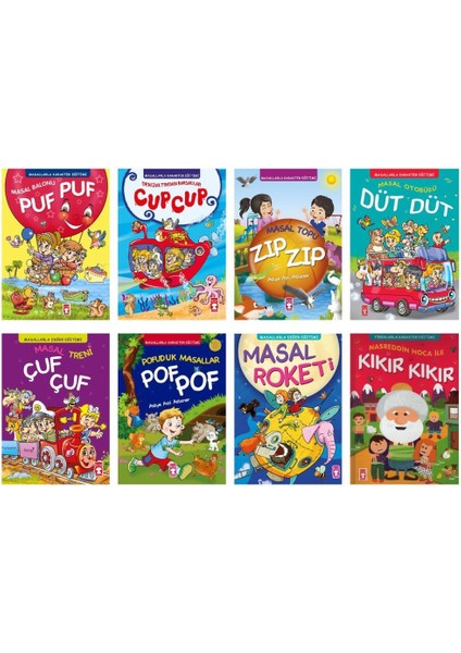 Timaş Masallarla Karakter Eğitimi Değer Eğitimi Seti 8 Kitap Ciltli ( Puf Puf-Cup Cup-Zıp Zıp-Çuf Çuf-Pof Pof-Düt Düt-Masal Roketi-Kıkır Kıkır)