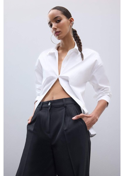 Oversize Geniş Kalıp Basic Düz Poplin Uzun Kollu Gömlek T8735AZ25SP