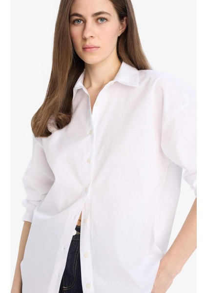 Oversize Geniş Kalıp Basic Düz Poplin Uzun Kollu Gömlek T8735AZ25SP