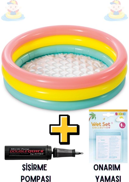 Elite Şişme Yumuşak Tabanlı Renkli 3 Boğumlu Baby Pool Çocuk Bebek HAVUZU,86X25 cm ve Pompa+Yama Set 1 Adet