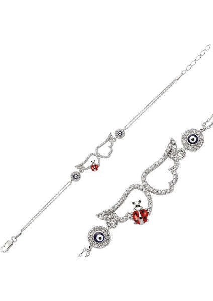 Gümüş Uğur Böcekli Melek Kanadı Bayan Bileklik