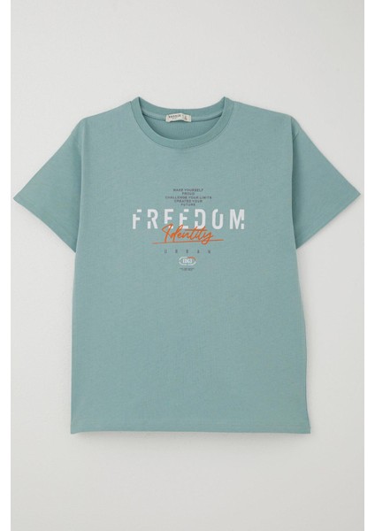 Erkek Çocuk Tişört Yazı Bakılı 5-10 Yaş, Su Yeşili