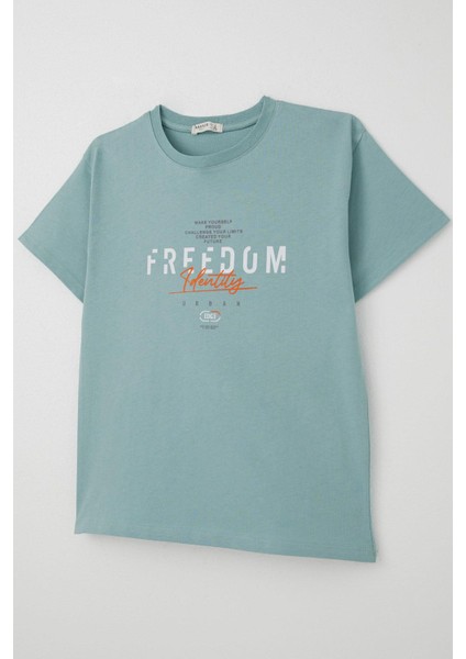 Erkek Çocuk Tişört Yazı Bakılı 5-10 Yaş, Su Yeşili modelleri