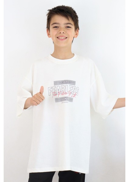Erkek Çocuk Tişört Yazı Baskılı 8-14 Yaş, Ekru