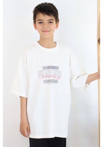 Erkek Çocuk Tişört Yazı Baskılı 8-14 Yaş, Ekru fiyatları