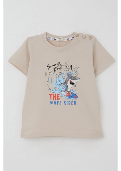 Erkek Çocuk Tişört Sörfçü Sevimli Köpek Balığı Baskılı 1.5-5 Yaş, Bej