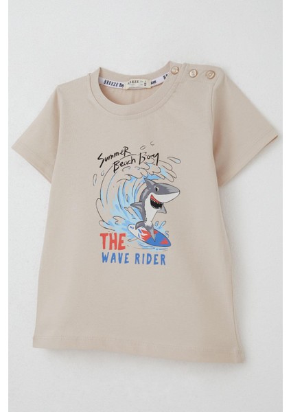Erkek Çocuk Tişört Sörfçü Sevimli Köpek Balığı Baskılı 1.5-5 Yaş, Bej modelleri