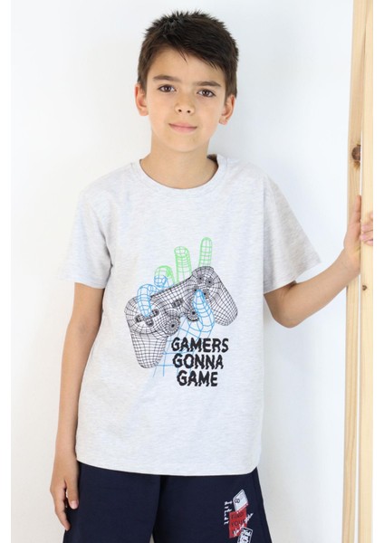 Erkek Çocuk Tişört Oyun Konsolu Baskılı 8-14 Yaş, Gri Melanj