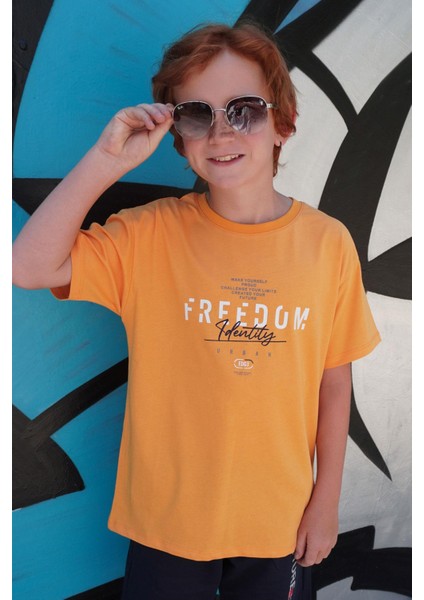 Erkek Çocuk Tişört Yazı Bakılı 5-10 Yaş, Hardal Sarı