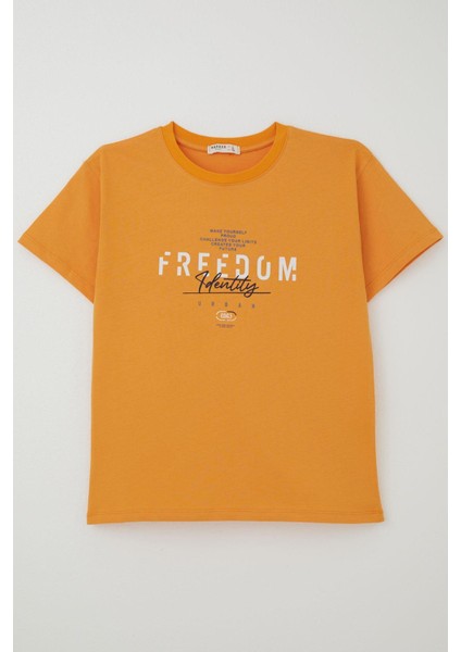 Erkek Çocuk Tişört Yazı Bakılı 5-10 Yaş, Hardal Sarı fırsatları