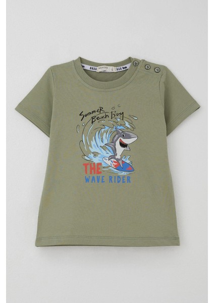 Erkek Çocuk Tişört Sörfçü Sevimli Köpek Balığı Baskılı 1.5-5 Yaş, Haki Yeşil