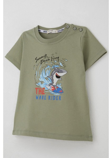 Erkek Çocuk Tişört Sörfçü Sevimli Köpek Balığı Baskılı 1.5-5 Yaş, Haki Yeşil modelleri