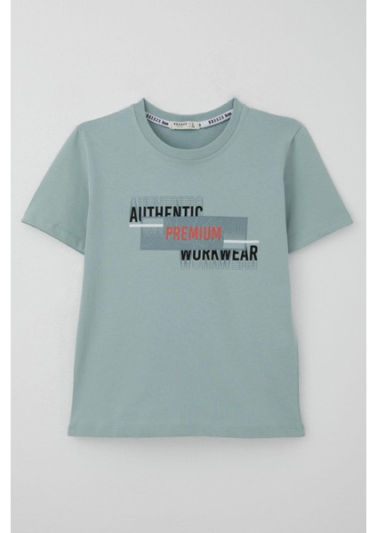 Erkek Çocuk Tişört Yansıma Efekti Yazı Baskılı 8-14 Yaş, Su Yeşili