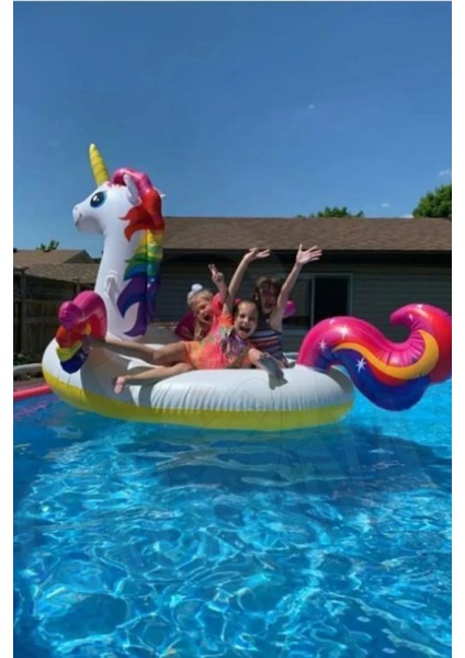 Elite Unicorn Tek Boynuzlu Tutamaçlı Mega Boy Ada Binici At Havuz, Deniz 201CM x 140CM x 97CM Pompa, Yama 1 Adet
