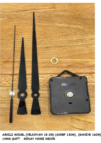 Elite Duvar Saati Mekanizması, Saat Göbeği, Akrep Yelkovan Saniye, Sessiz, Askılı, 14 mm Şaft, 1 Set Siya 1 Adet