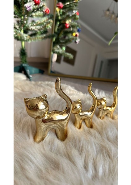Elite 3 Lü Gold Kedi Biblo Dekoratif Sunumluk Dekor 1 Adet
