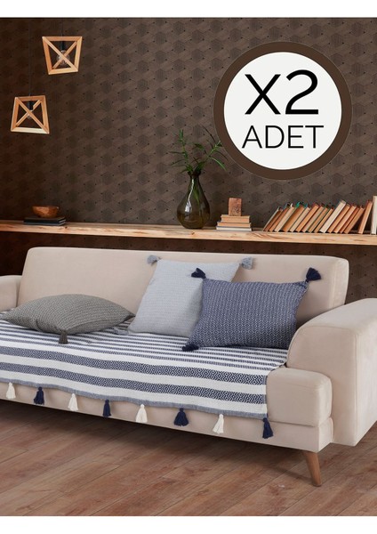 Elite Liva Ponponlu Lacivert 2 Adet Koltuk Örtüsü 115X200 cm Kanepe Divan Çekyat Berjer Örtüsü Püsküllü 1 Adet