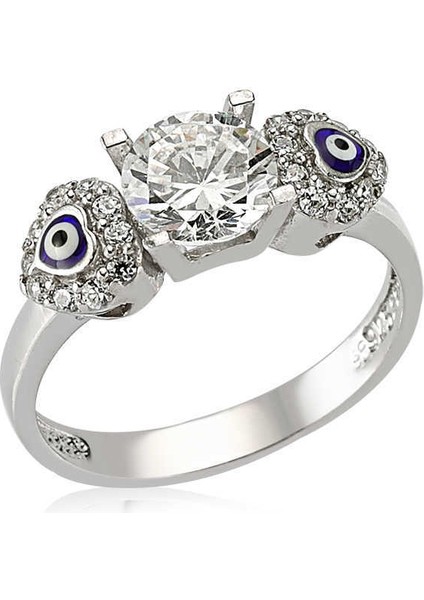 Gümüş Kalp Nazarlı Tek Taş Bayan Yüzük - 13