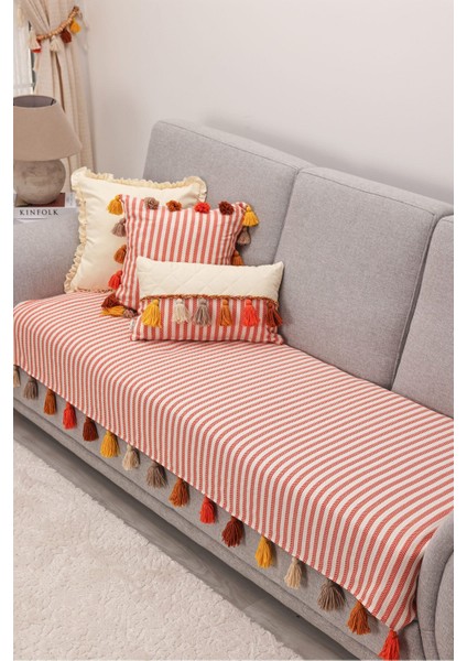 Elite Renkli Püsküllü Turuncu Çizgili Koltuk Örtüsü 90X210CM, 1 Adet