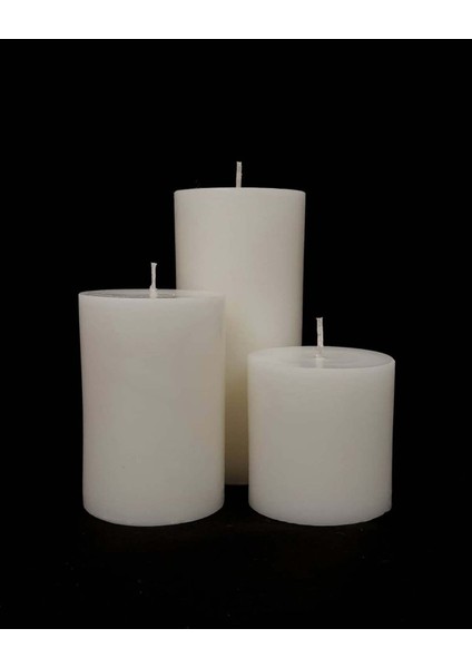 Elite 3'lü Set Kütük Silindir Beyaz Mum 20 cm x 7 Cm, 12 cm x 7 Cm, 7 cm x 7 cm (Üçlü Set) 1 Adet