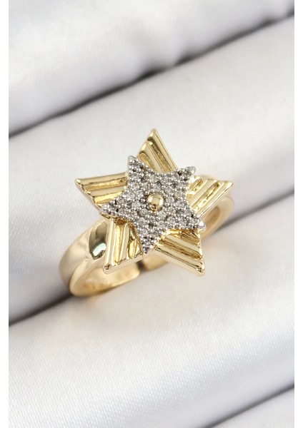 Pirinç Zirkon Taşlı Yıldız Model Gold ve Gümüş Renk Kadın Yüzük