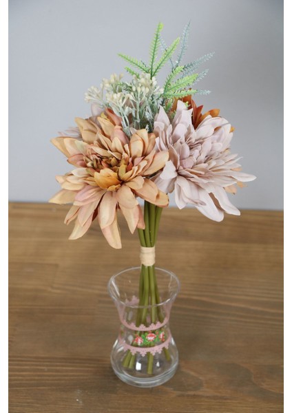 Lüks Mini Krizantem Yapay Çiçek Demeti Kahve-Pudra 25 cm – Ev ve Ofis Dekoru, Gerçekçi Polyester Malzeme fiyatları