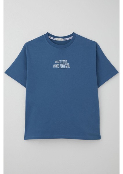 Erkek Çocuk Tişört Yazı Baskılı 8-12 Yaş, Indigo