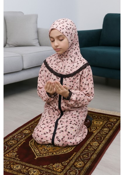 Kız Çocuk Namaz Elbisesi Desenli Fermuarlı
