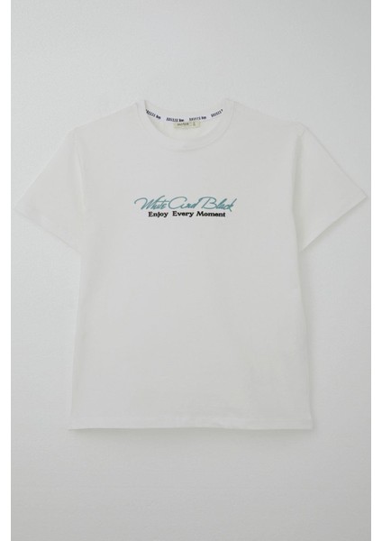 Erkek Çocuk Tişört Kabartma Yazı Baskılı 9-14 Yaş, Ekru