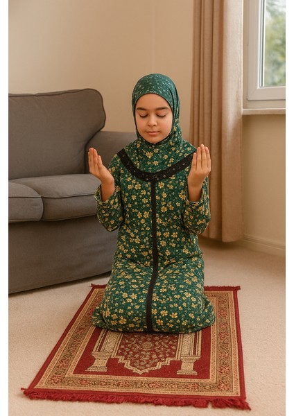 Kız Çocuk Namaz Elbisesi Desenli Fermuarlı