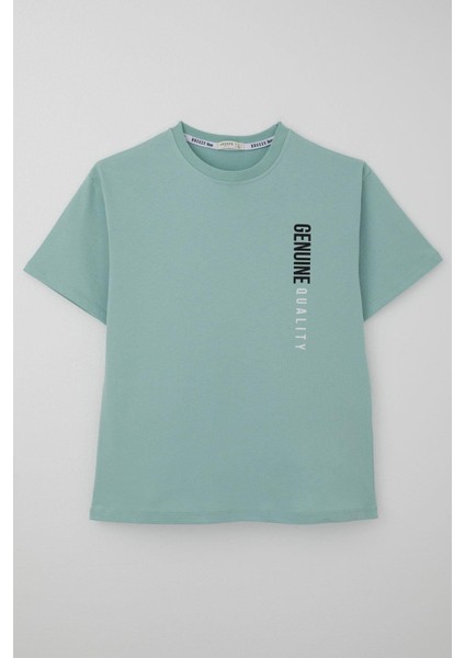 Erkek Çocuk Tişört Sırt Kısmı Yazı Baskılı 9-14 Yaş, Su Yeşili