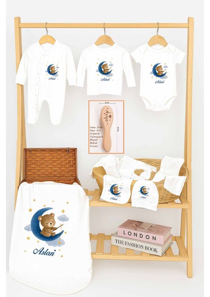 Erkek Bebek %100 Pamuk Organik Baskılı Isimli Hastane Çıkışı Yenidoğan Isme Özel Fırça Hediye Seti