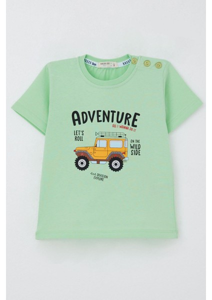 Erkek Çocuk Tişört Macera Temalı 4x4 Araba Baskılı 2-6 Yaş, Su Yeşili