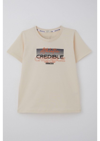 Erkek Çocuk Tişört Yazı Baskılı Sırt Kısmı Baskı Detaylı 10-16 Yaş, Krem