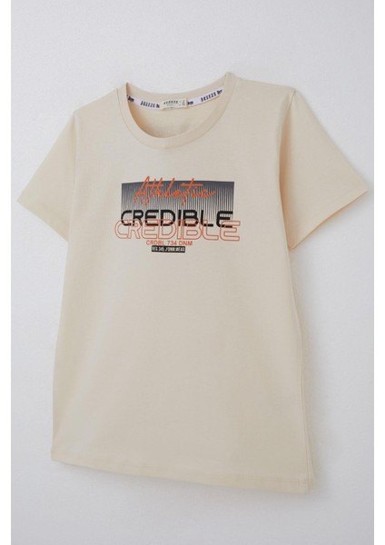 Erkek Çocuk Tişört Yazı Baskılı Sırt Kısmı Baskı Detaylı 10-16 Yaş, Krem modelleri