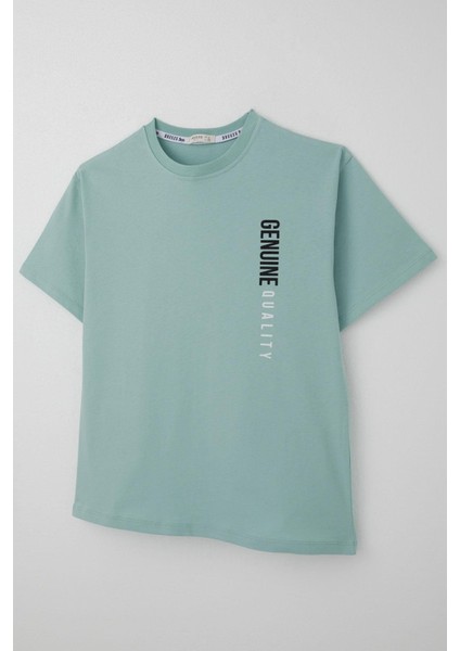 Erkek Çocuk Tişört Sırt Kısmı Yazı Baskılı 9-14 Yaş, Su Yeşili modelleri