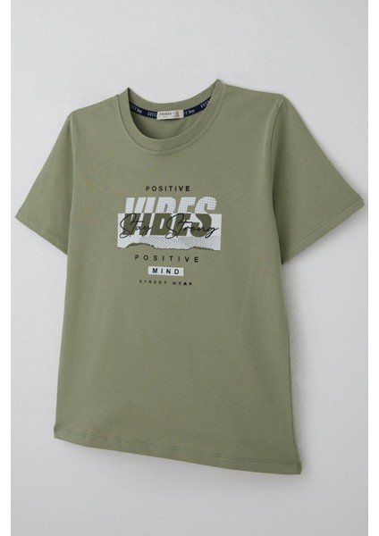 Erkek Çocuk Tişört Motivasyon Temalı & Sırt Kısmı Yazı Baskı Detaylı 9-16 Yaş, Haki Yeşil modelleri