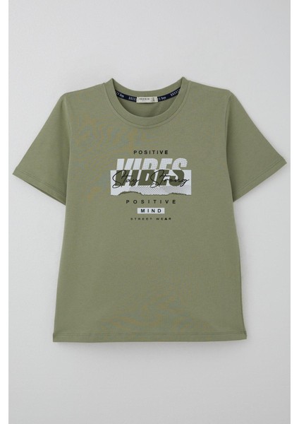 Erkek Çocuk Tişört Motivasyon Temalı & Sırt Kısmı Yazı Baskı Detaylı 9-16 Yaş, Haki Yeşil