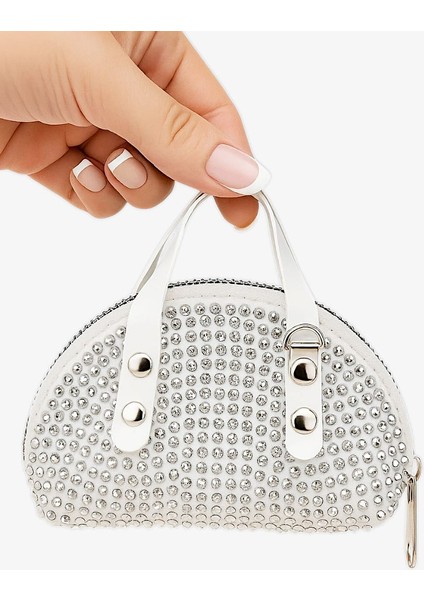 Beyaz Mini Çanta Gümüş Taşlı Orta Boy